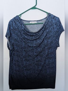 Liz Claiborne XL Cowl Neck Top Blue Black Snake Print Stretch Blouse Womens